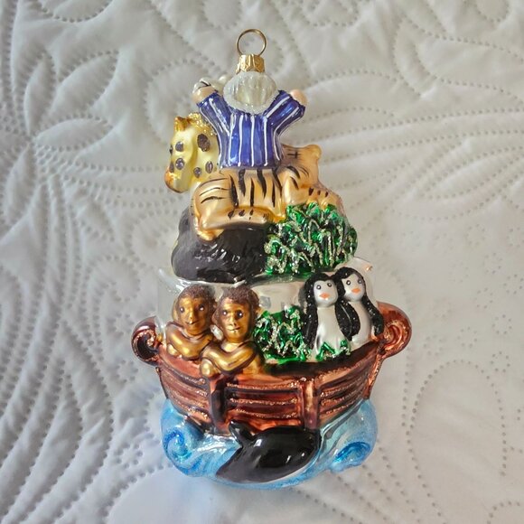 Kurt Adler's Noahs Ark Ornament With Noah, Animals, the Ark & Waves, Blown Glass - Picture 2 of 8